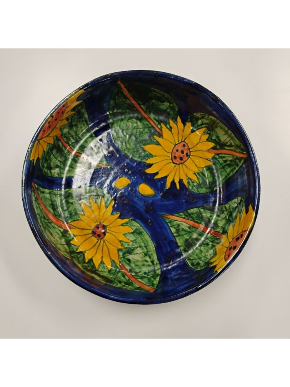 Vintage Mexican Folk Art Sunflower Serving Bowl, Hand-Painted Talavera Pottery - Picture 8 of 10